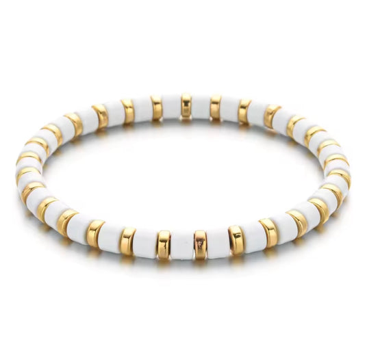 Boho Enamel Curved Tile Bracelet I White & Gold