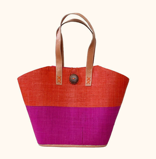 Raffia Button Tote Bag | Orange & Pink
