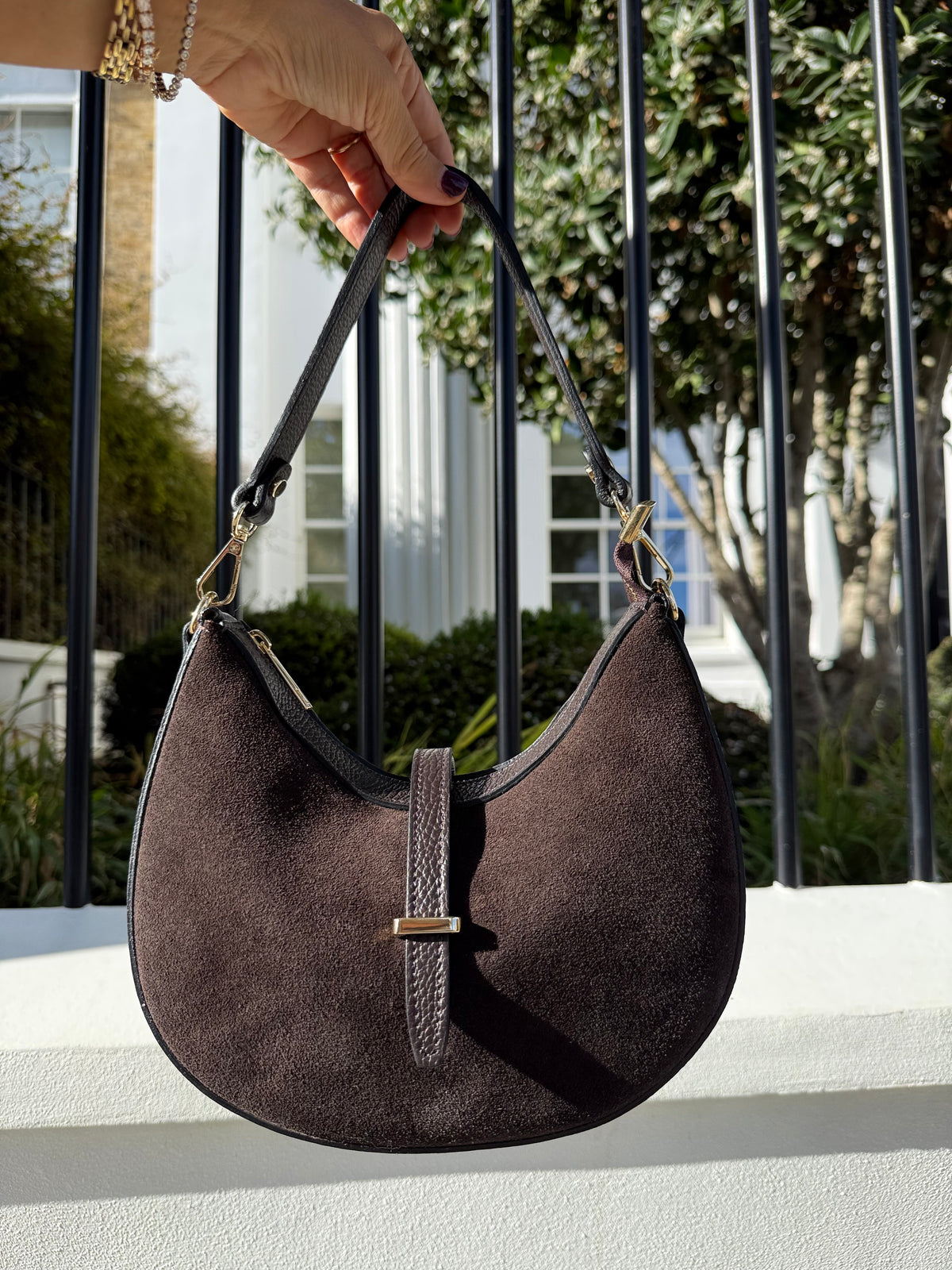 Suede & Leather Crescent Shoulder/Crossbody Bag | Brown