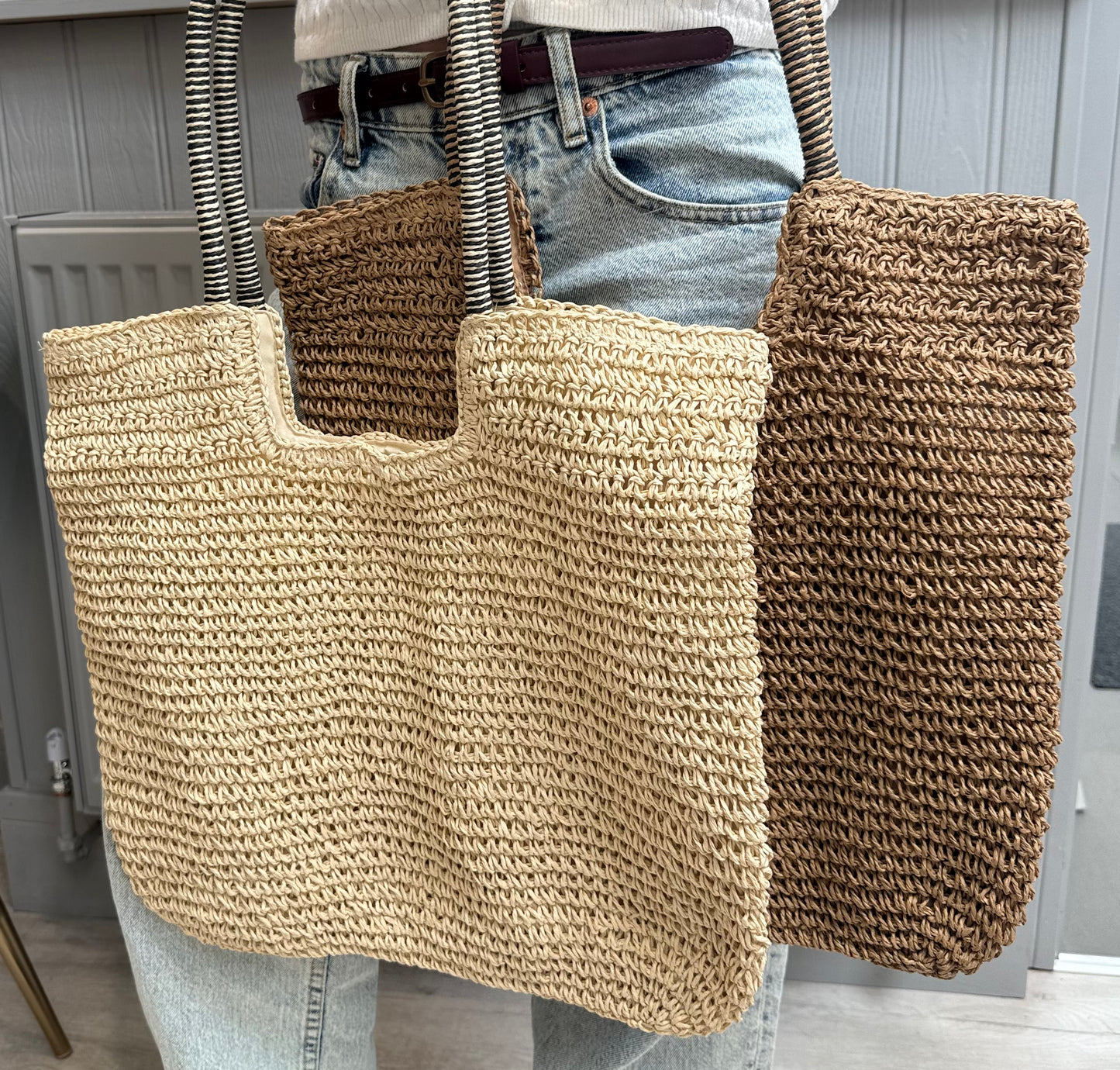 Gracie Packable Woven Tote  with Zipper | Beige