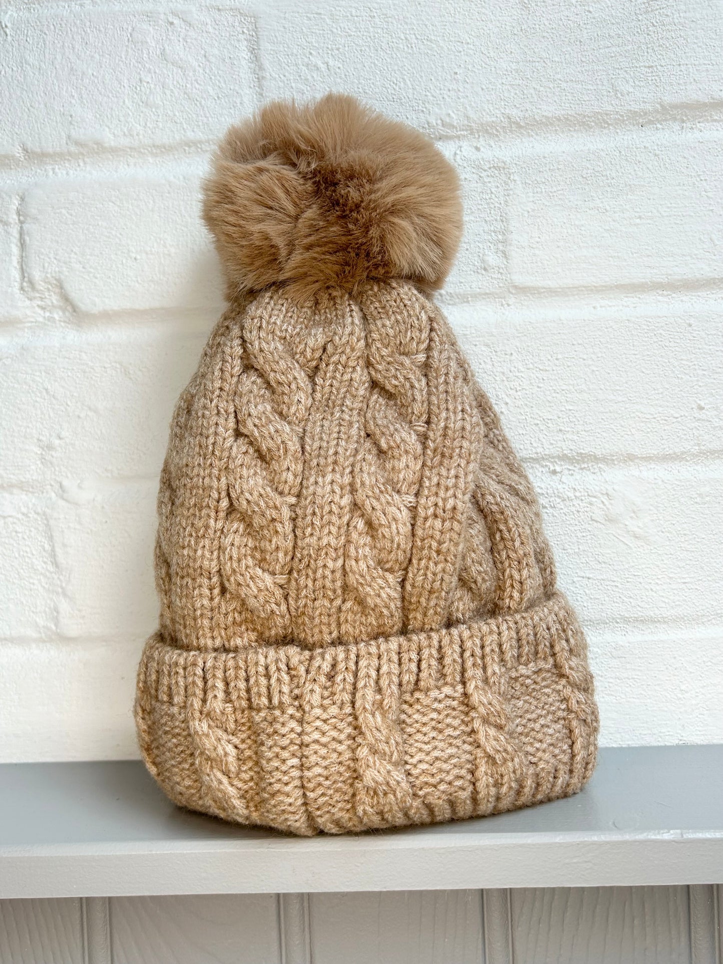 Cable Knit Fleece Lined Pom Hat | Camel
