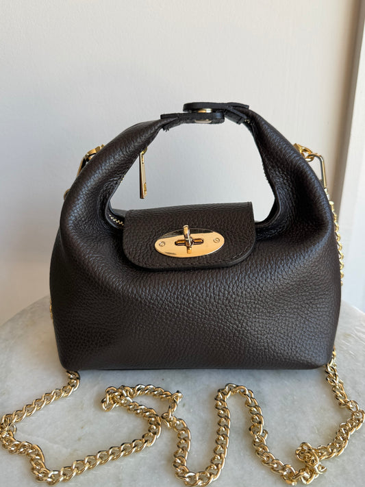 The Modena Italian Leather Convertible Mini Bag with Gold Chain | Chocolate Brown