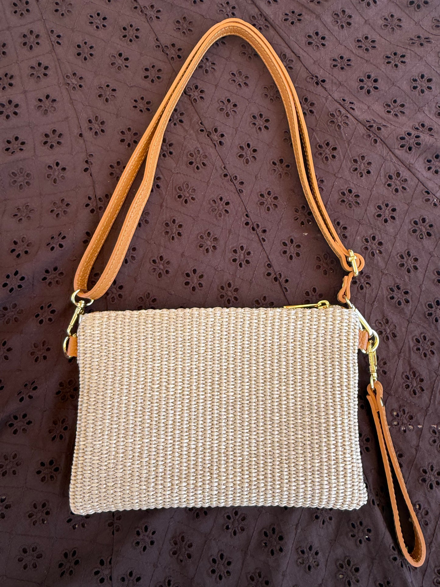 Crossbody / Wristlet Handwoven Raffia & Leather Bag | Taupe