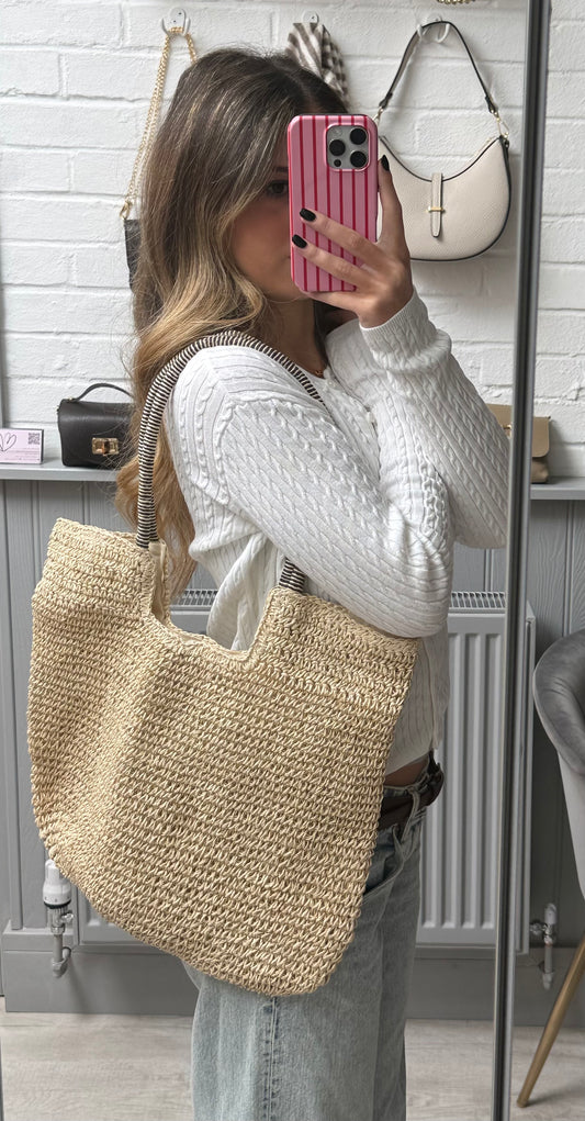 Gracie Packable Woven Tote  with Zipper | Beige
