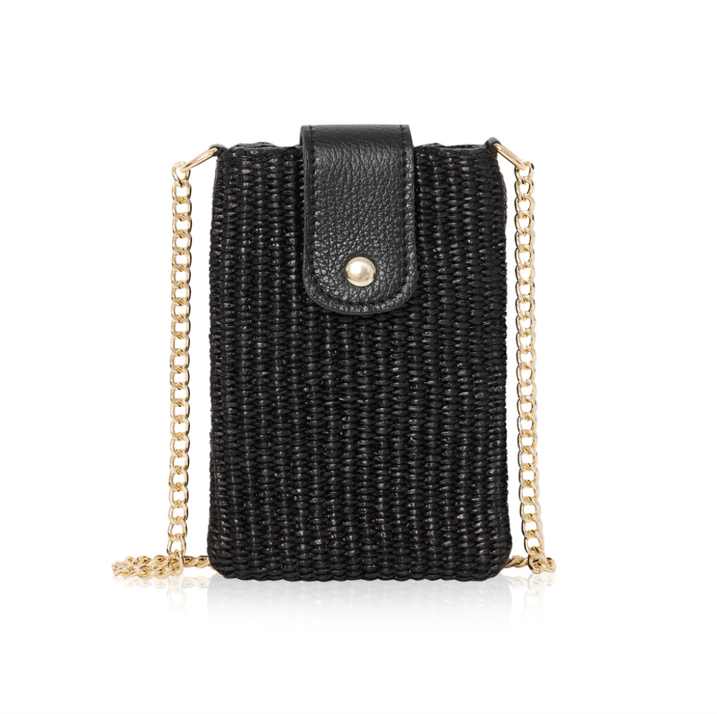 Woven Raffia & Leather Phone Bag | Black