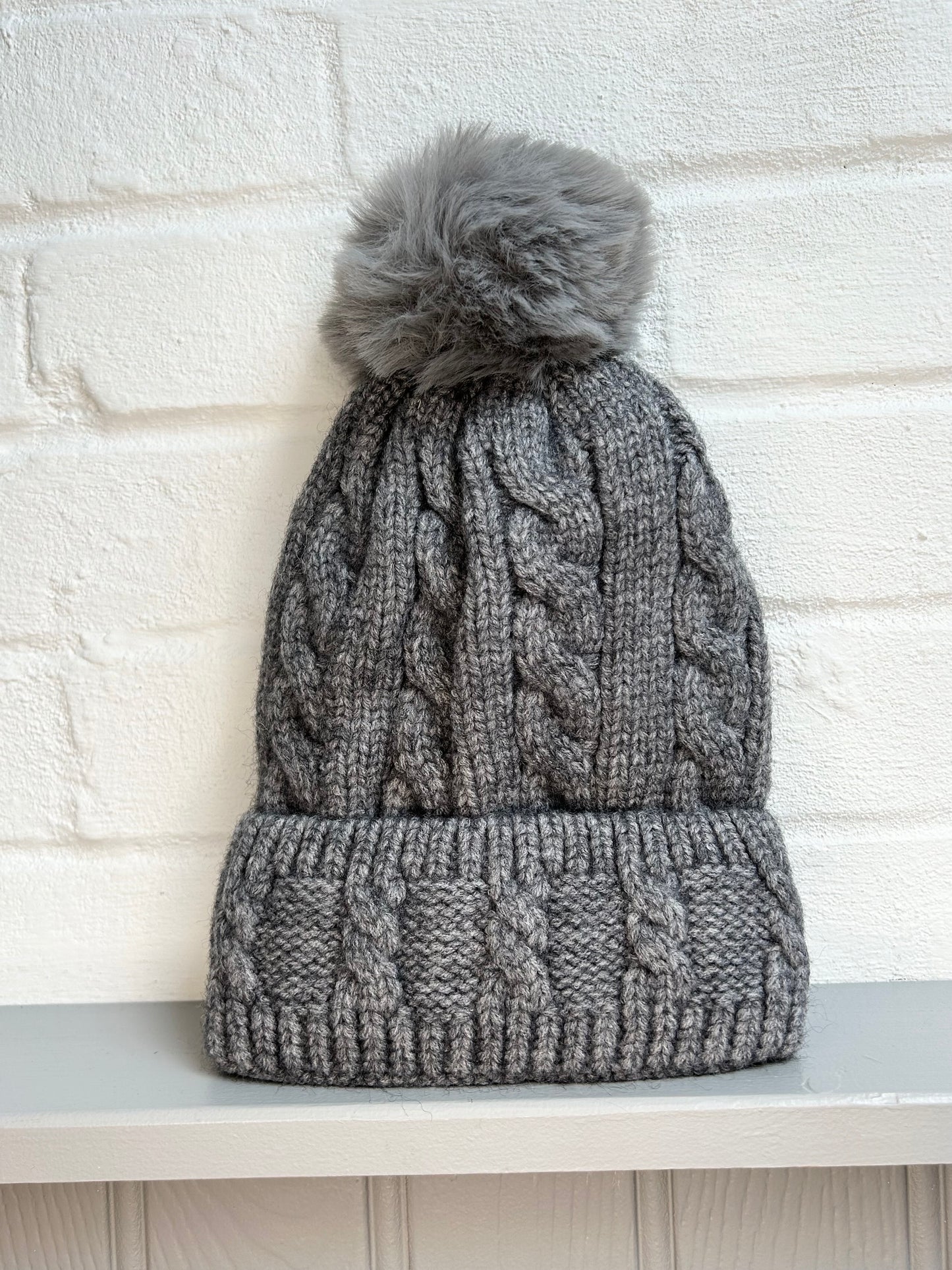 Cable Knit Fleece Lined Pom Hat | Grey