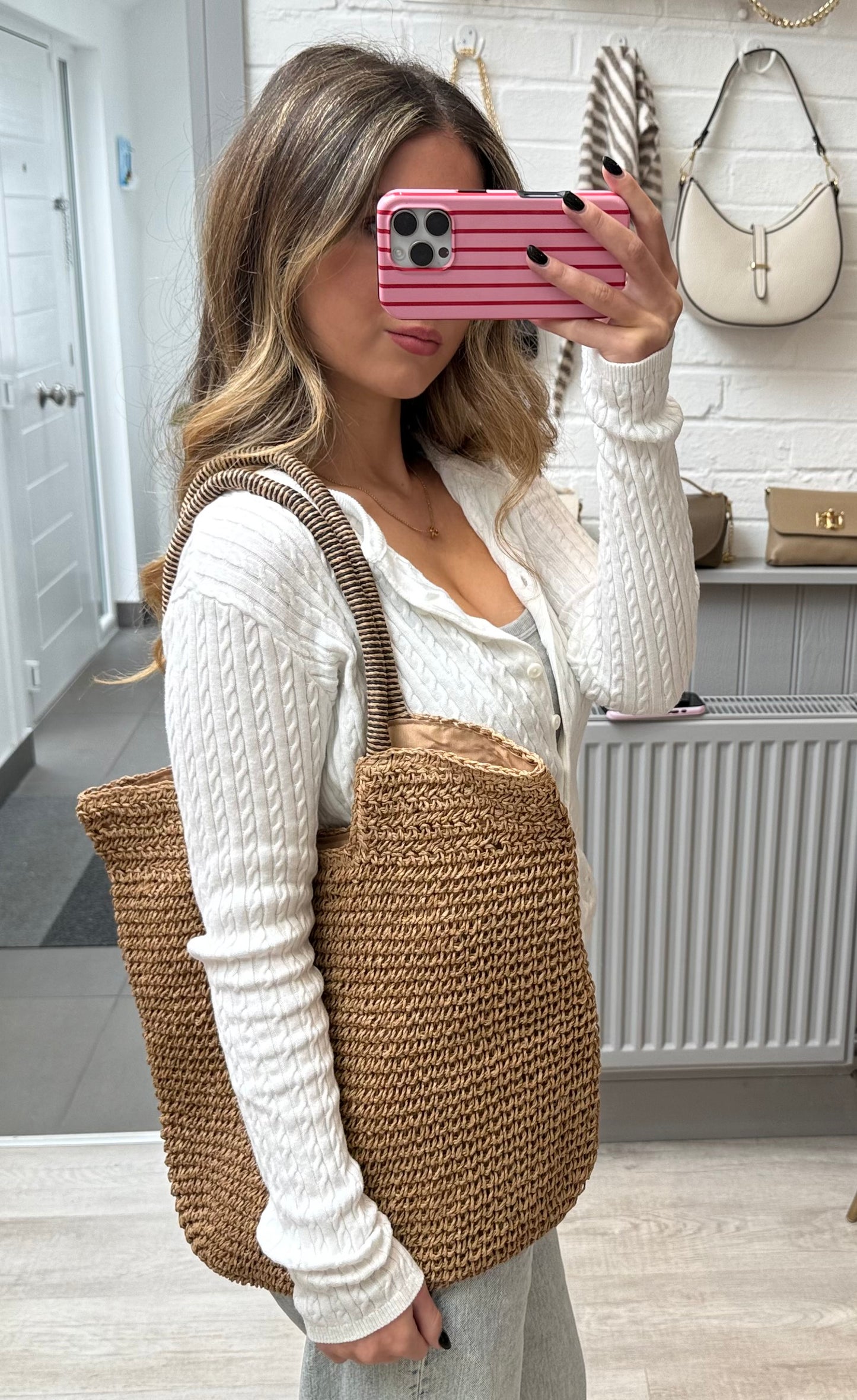 Gracie Packable Woven Tote  with Zipper | Tan