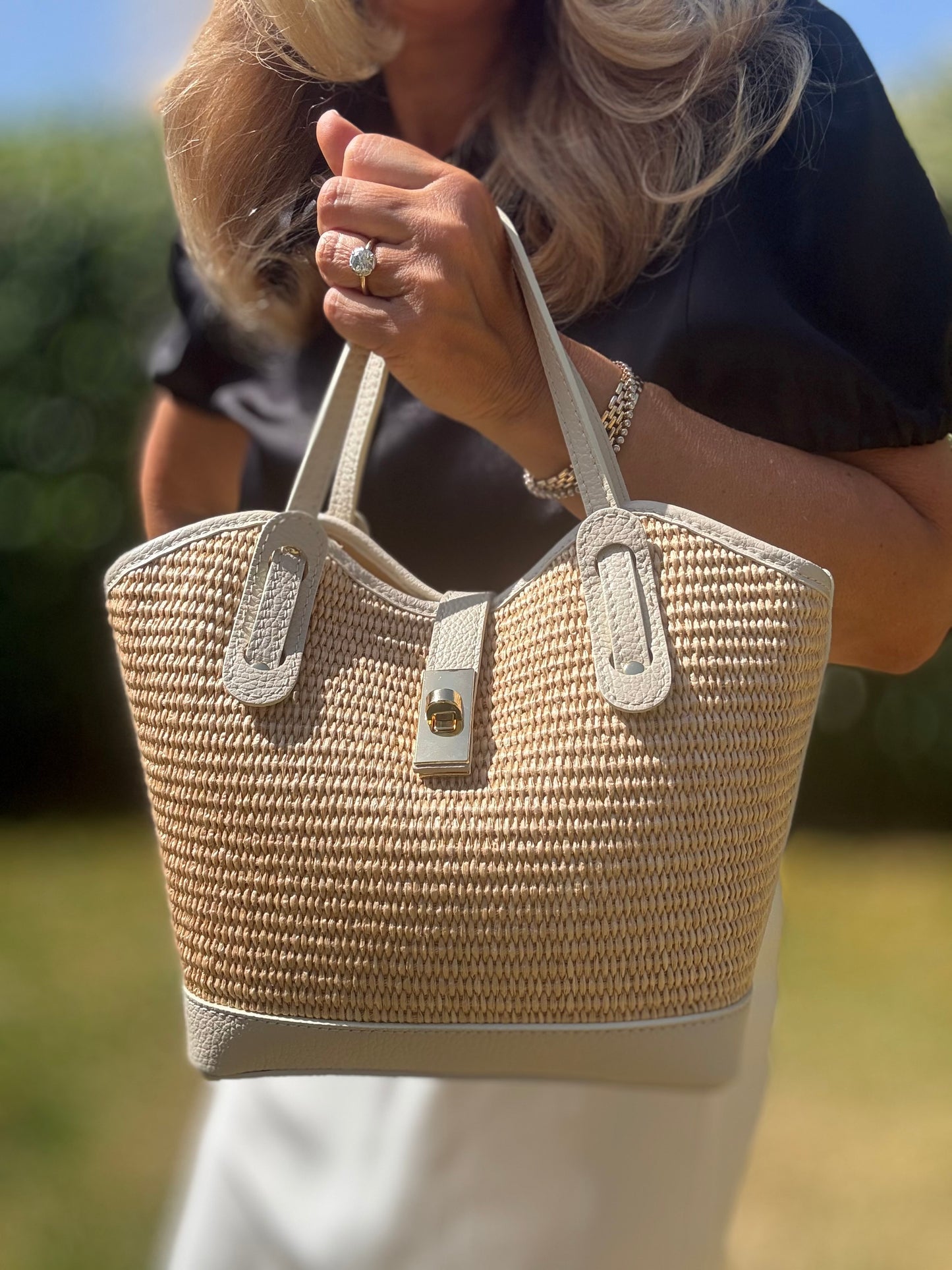 Ravello Raffia & Leather Tote | Cream