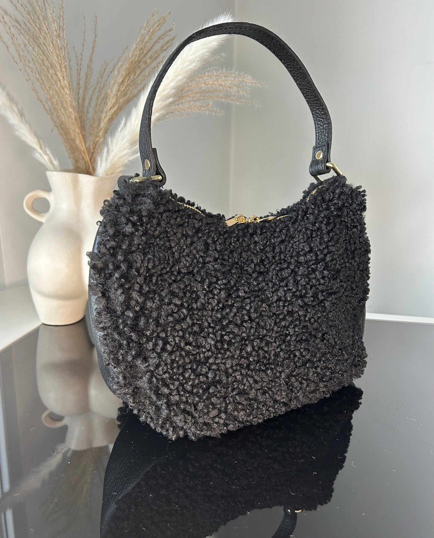 Teddy Shearling & Leather Bag | Black