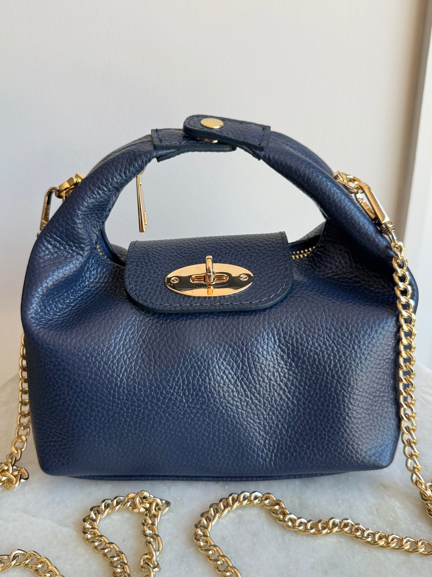 The Modena Italian Leather Convertible Mini Bag with Gold Chain | Navy