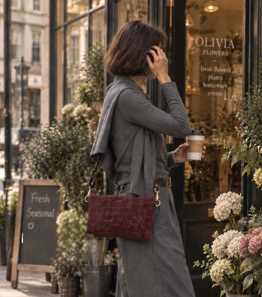 Italian Suede Multi-Way Clutch & Crossbody Bag | Burgundy