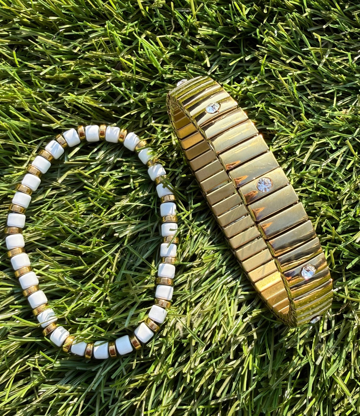 Boho Enamel Curved Tile Bracelet I White & Gold