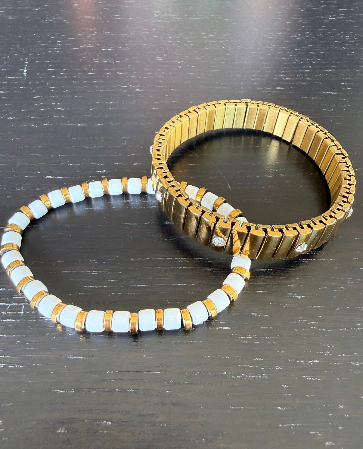 Boho Enamel Curved Tile Bracelet I White & Gold