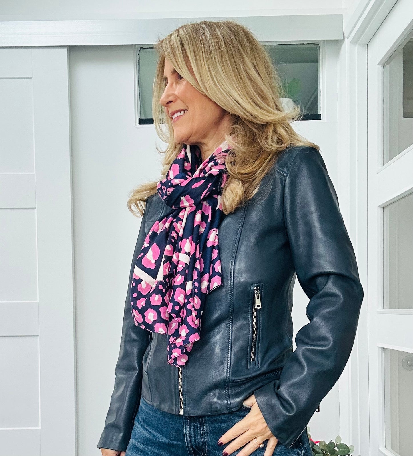 Lydia Leopard Print Scarf | Navy & Pink