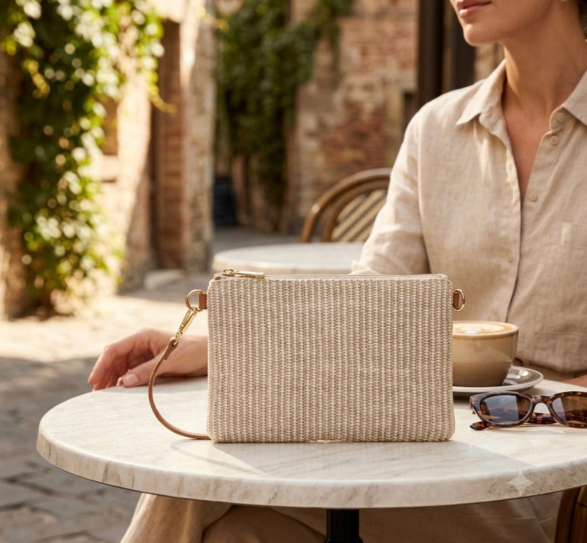 Crossbody / Wristlet Handwoven Raffia & Leather Bag | Taupe