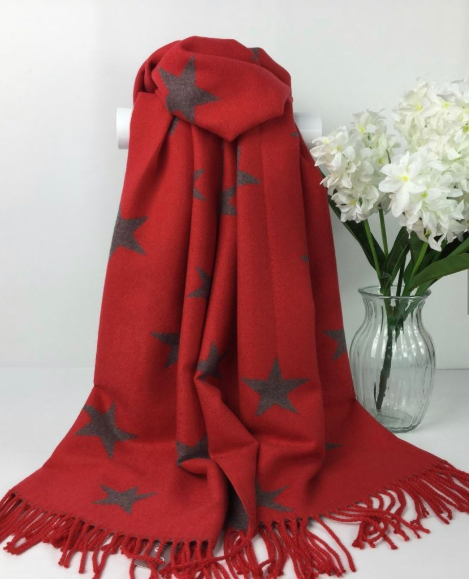 Star Cashmere Blend Reversible Scarf | Red & Grey