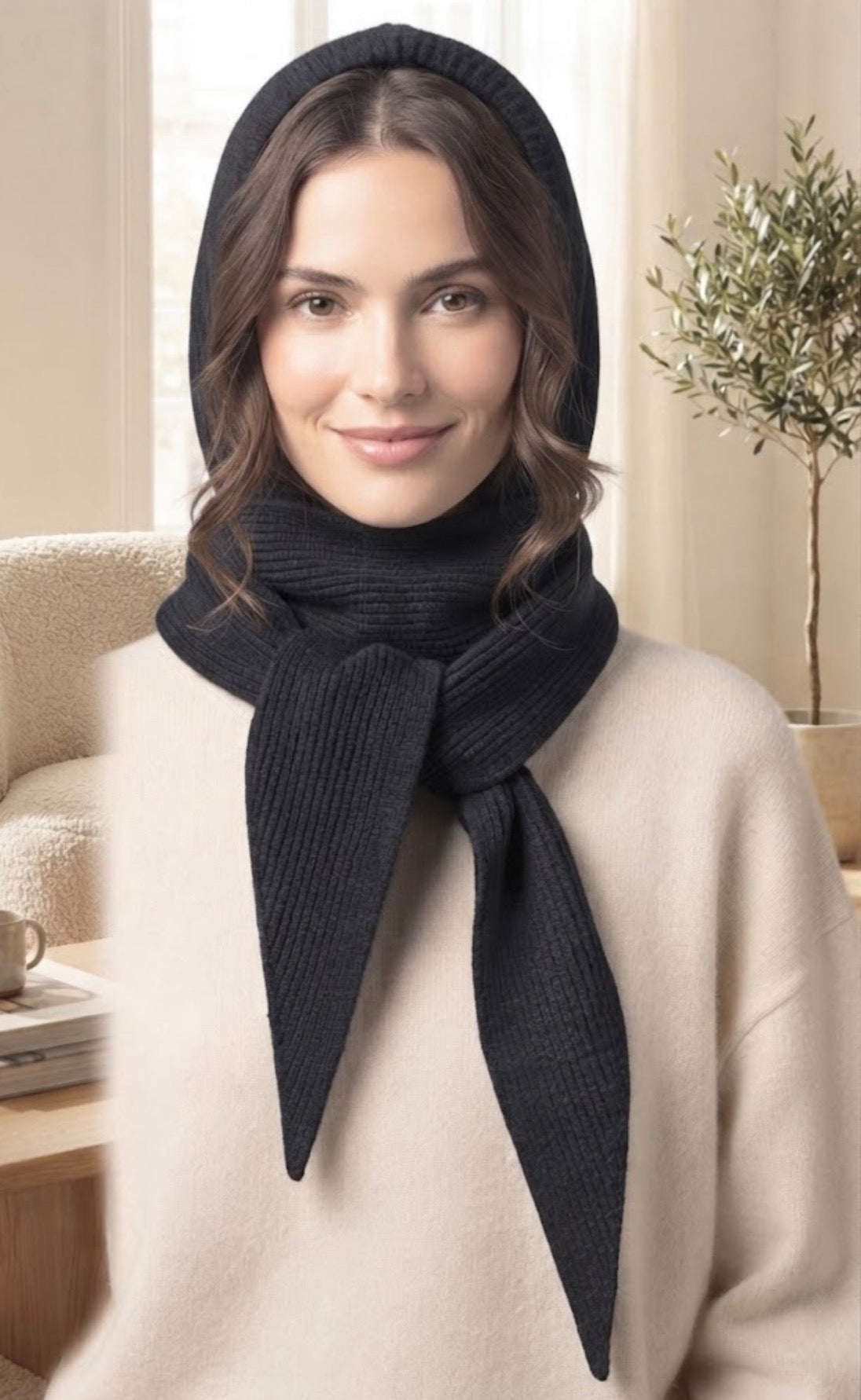 Cloud Knit Hooded Scarf & Hat | Black