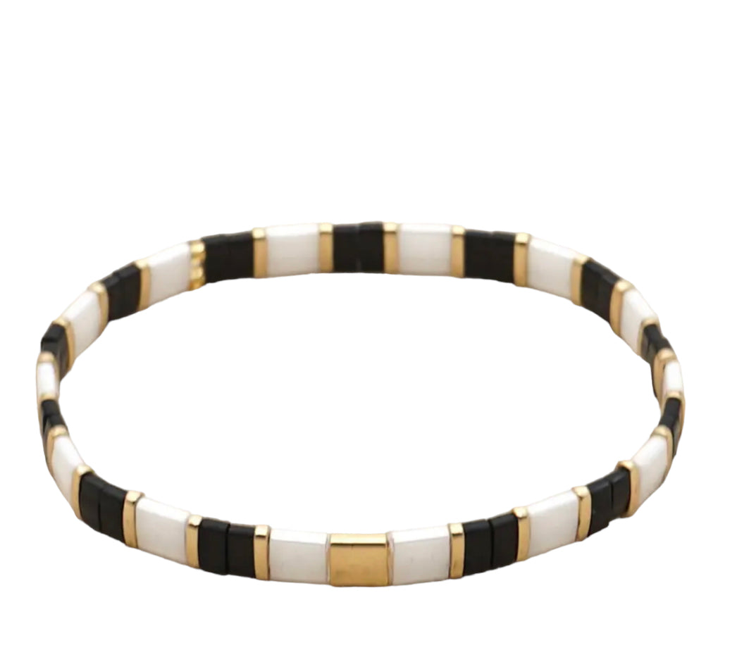 Miyuki Tile Stripe Bracelet | Black, Gold & White