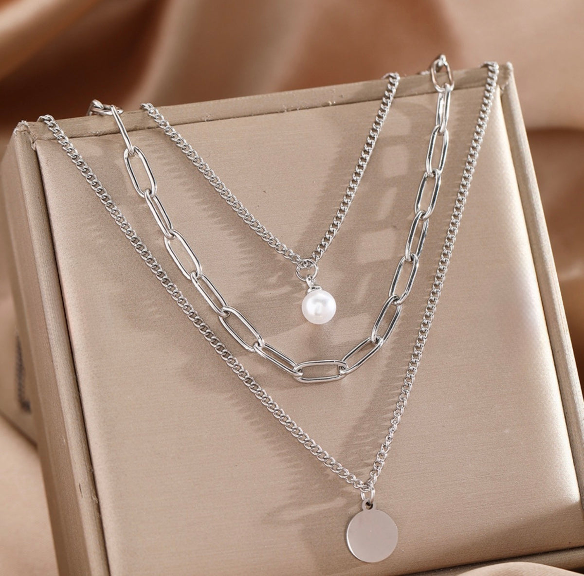 Solstice Pearl & Disc Layered Necklace | Silver