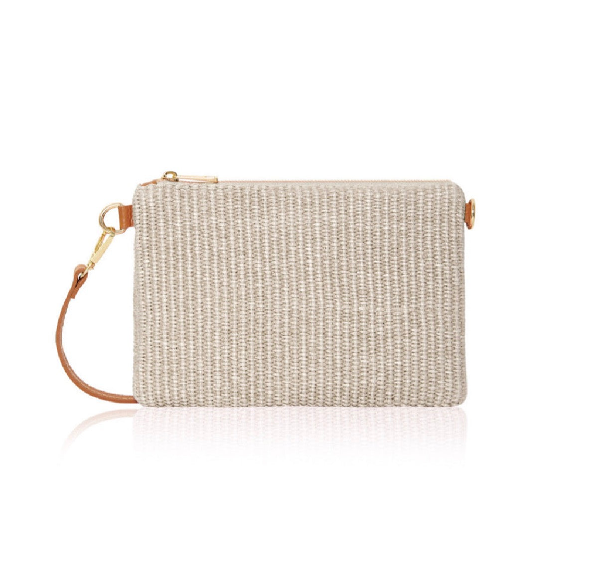 Crossbody / Wristlet Handwoven Raffia & Leather Bag | Taupe
