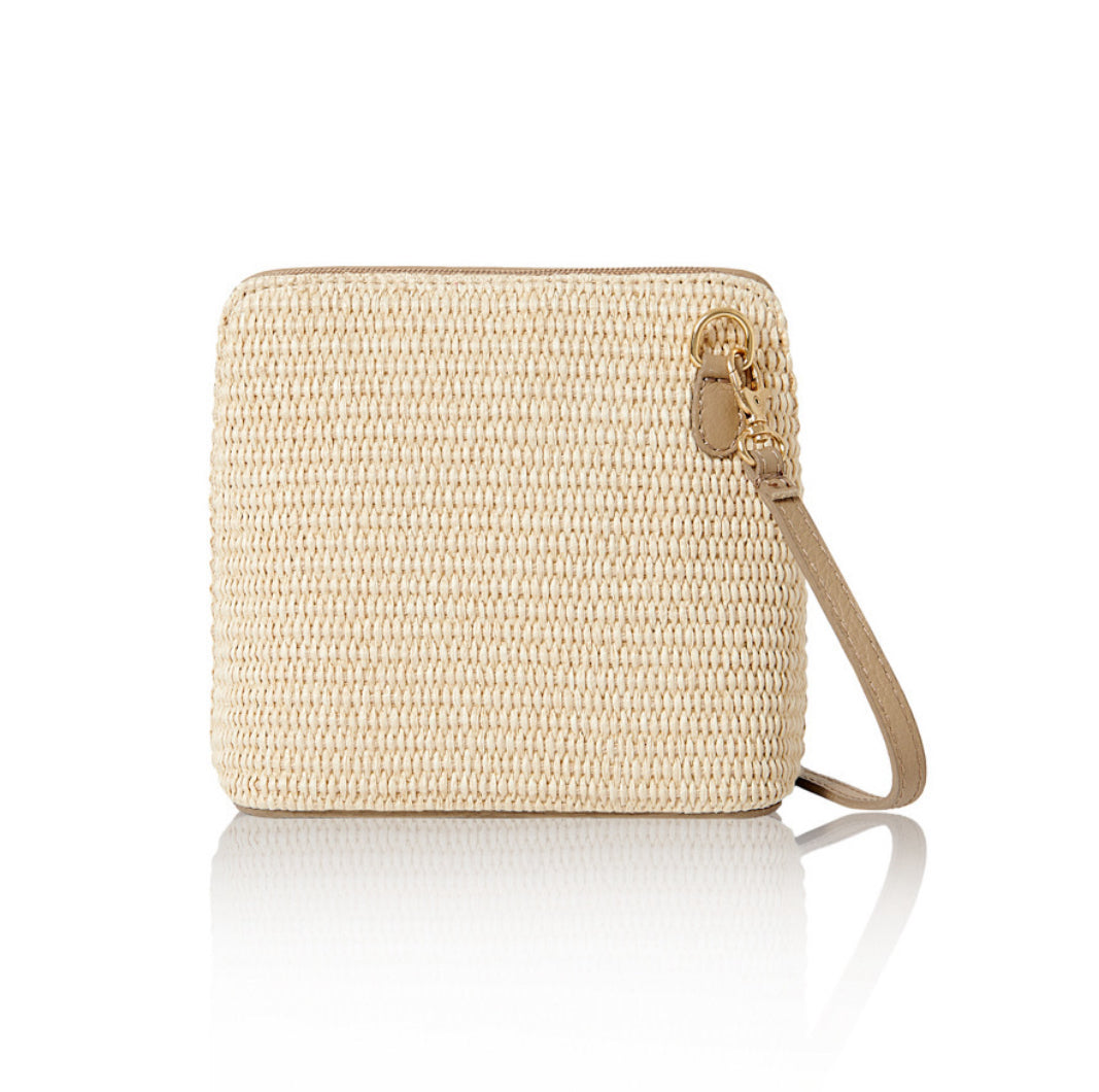 Woven Raffia & Leather Zip Round Bag | Cream & Taupe
