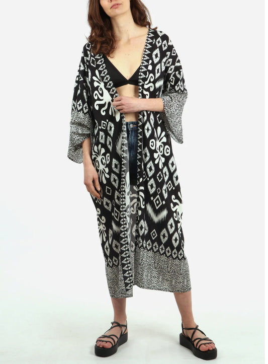 Ikat Print Longline Kimono | Black & White