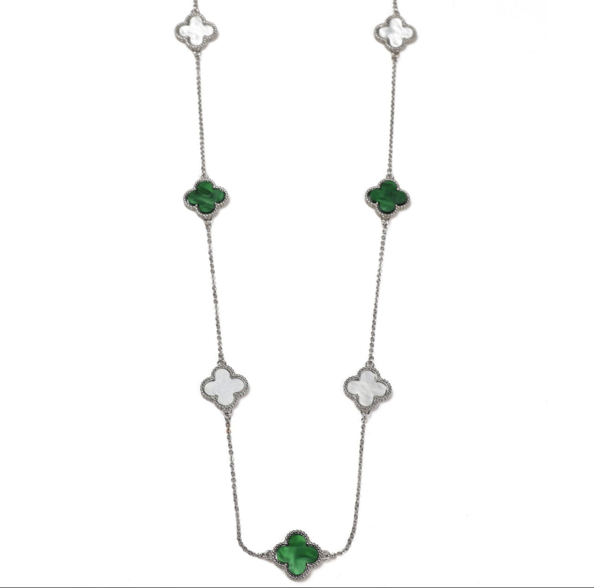 Long Clover Necklace | Green & Silver