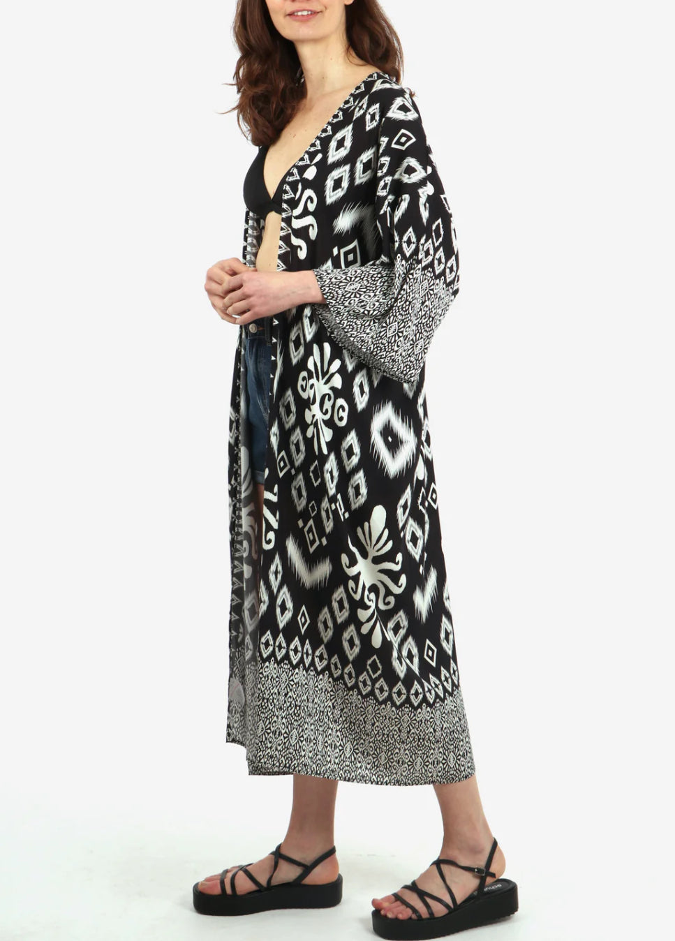 Ikat Print Longline Kimono | Black & White