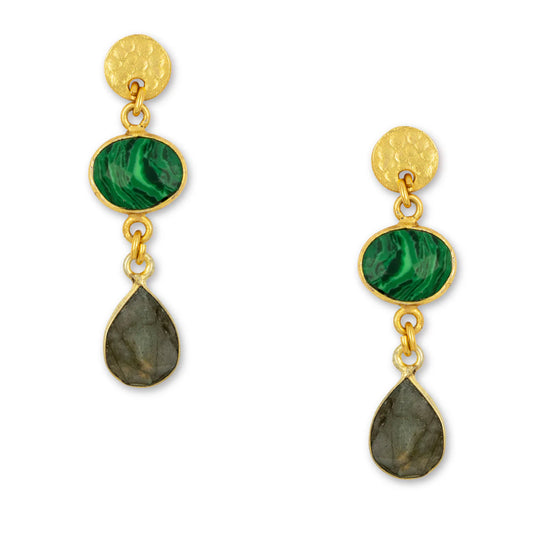 Roxy Gemstone Earrings | Green malachite & Grey labradorite