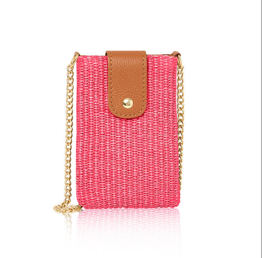 Woven Raffia & Leather Phone Bag | Red
