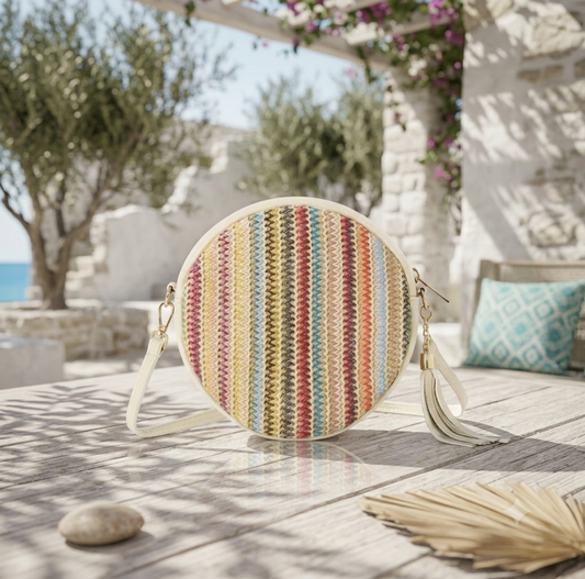 The Riviera Round Leather & Raffia Crossbody