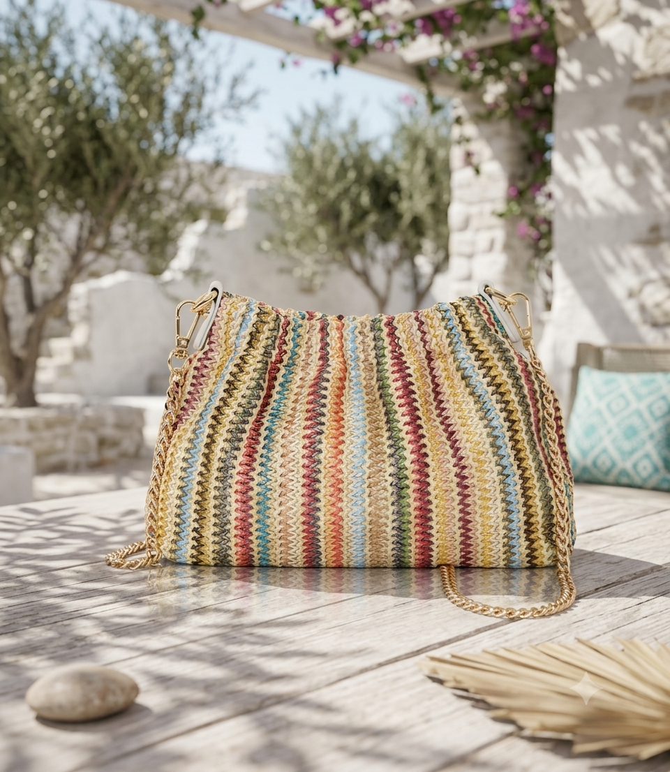 Handmade Raffia Bag with Colourful Stripes