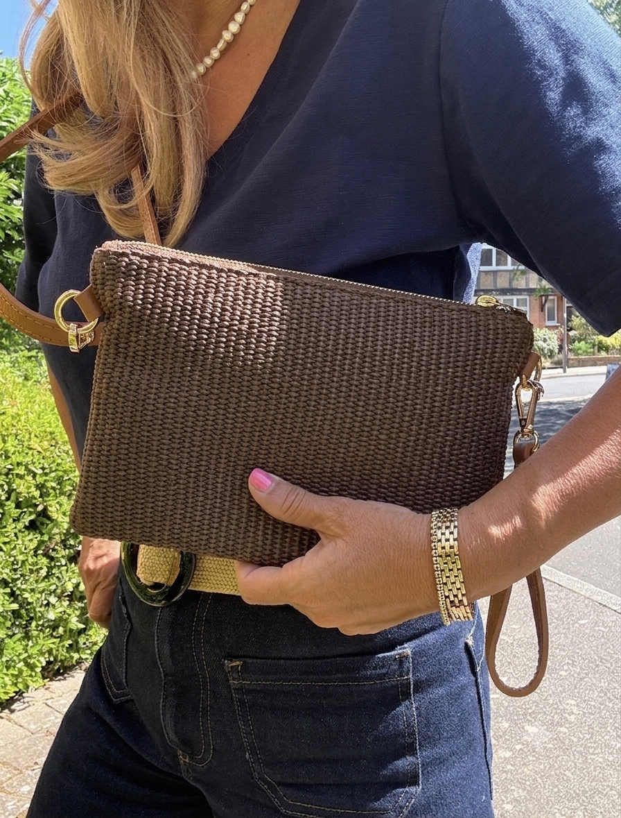 Crossbody / Wristlet Handwoven Raffia & Leather Bag | Chocolate