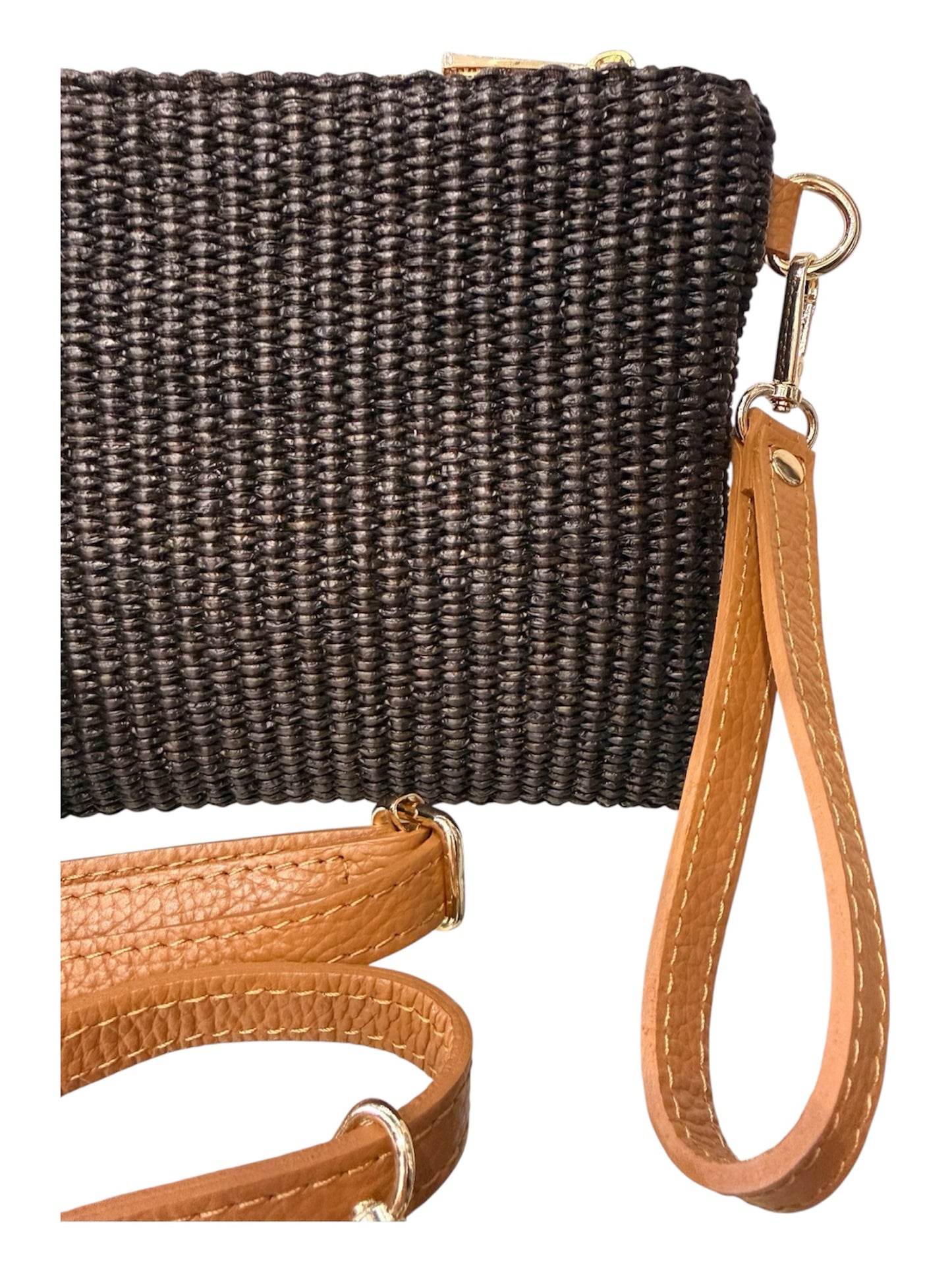 Crossbody / Wristlet Handwoven Raffia & Leather Bag | Chocolate