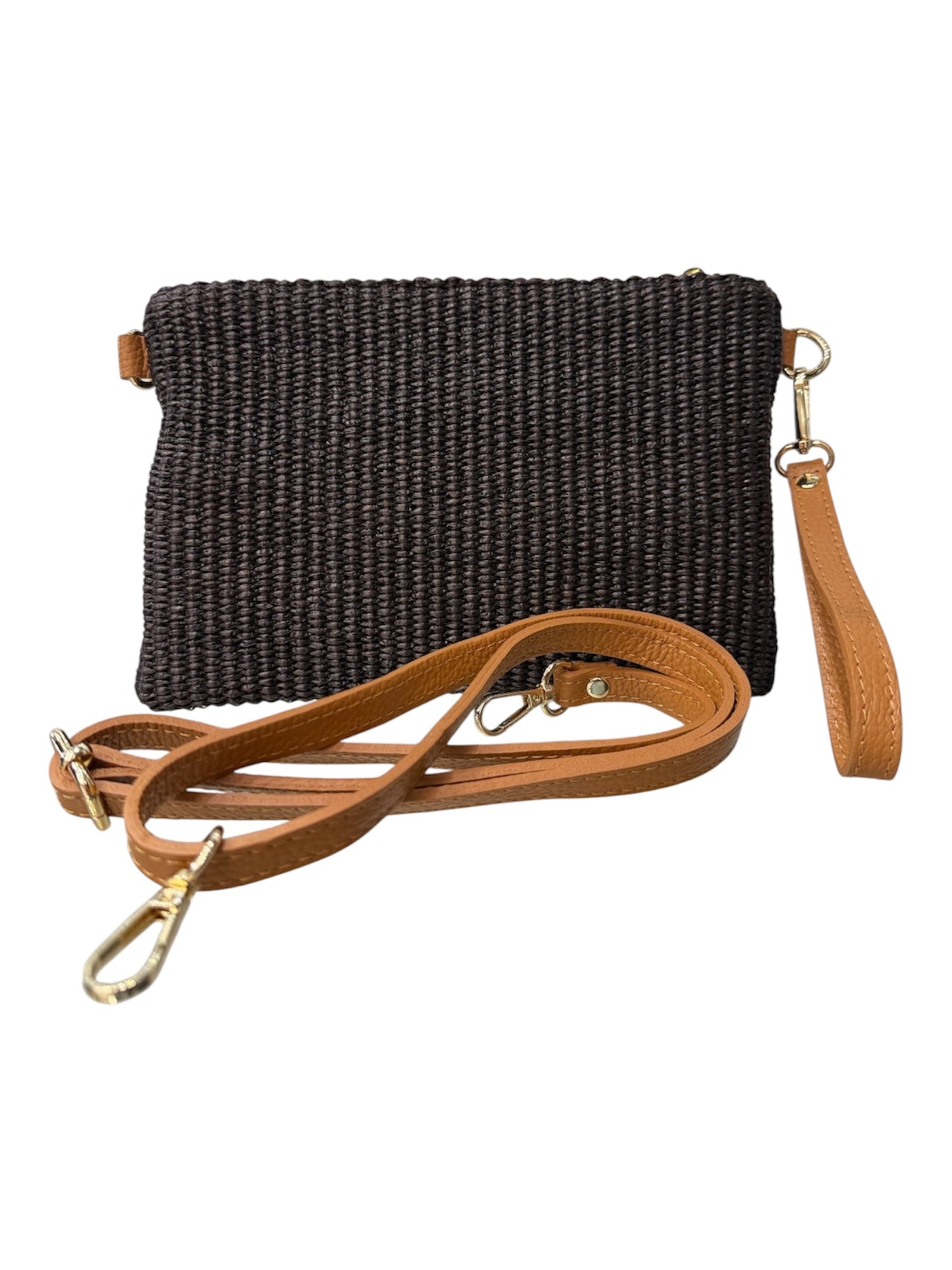 Crossbody / Wristlet Handwoven Raffia & Leather Bag | Chocolate