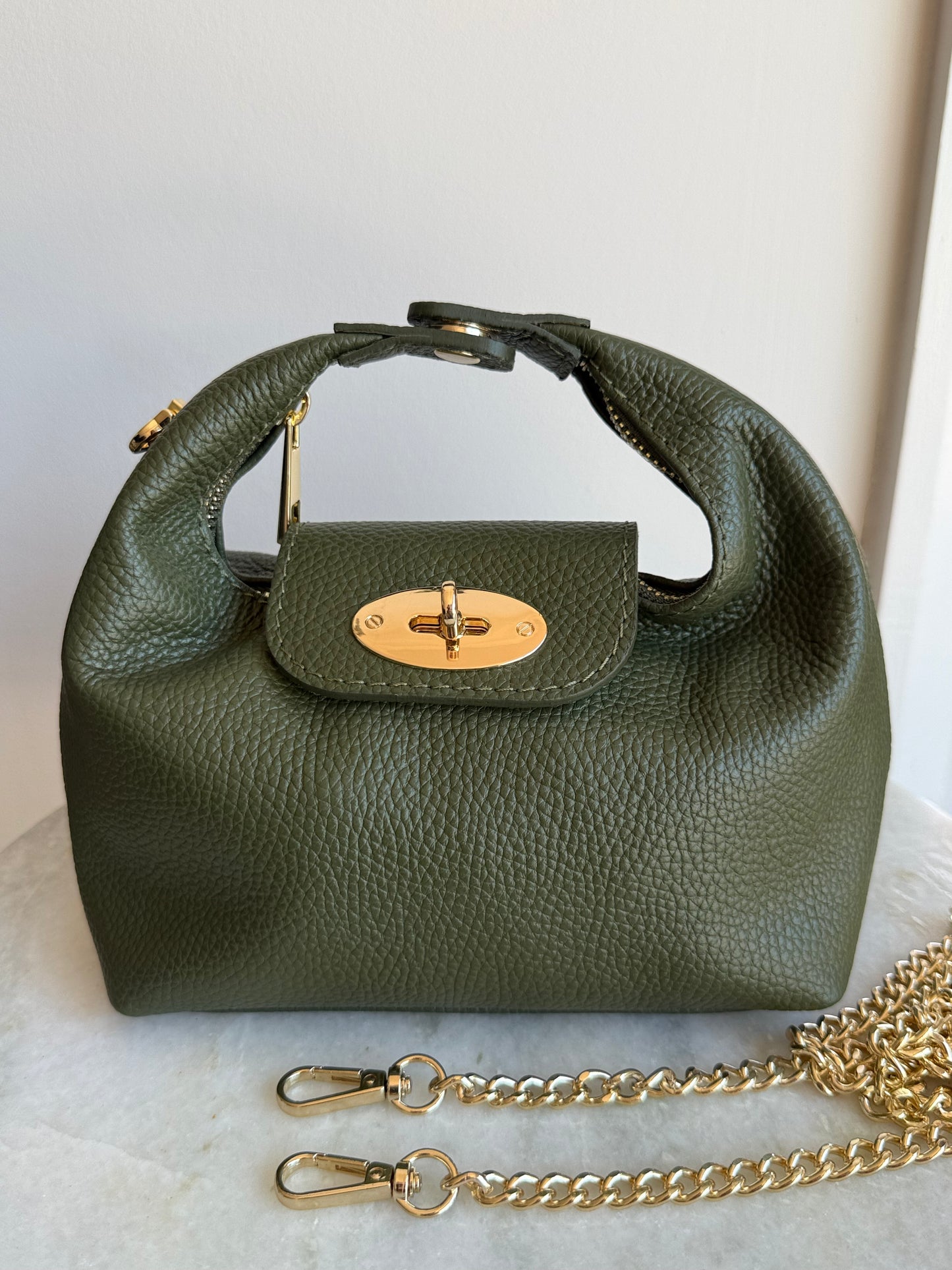 The Modena Italian Leather Convertible Mini Bag with Gold Chain | Olive