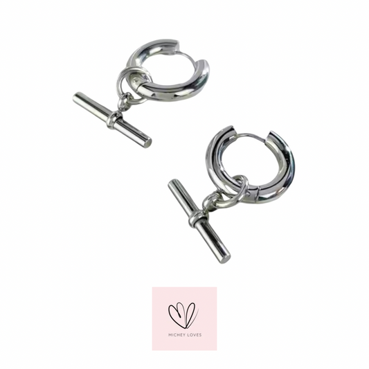 T Bar Huggie Hoop Earrings | Silver