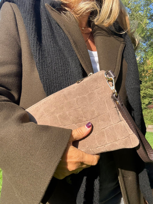 Italian Suede Multi-Way Clutch & Crossbody Bag | Taupe