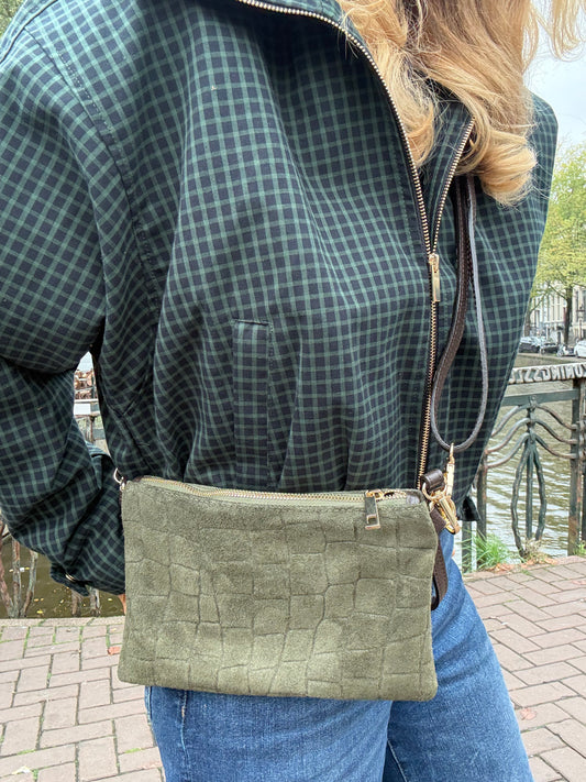 Italian Suede Multi-Way Clutch & Crossbody Bag | Olive