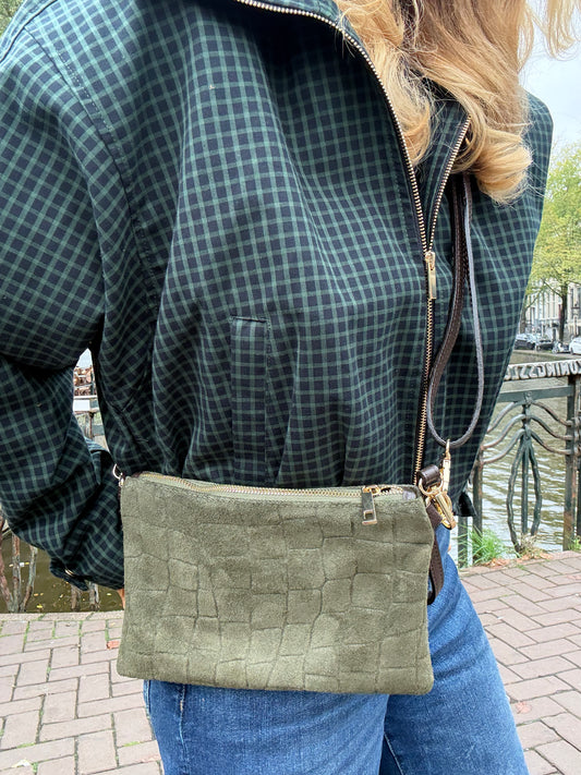 Italian Suede Multi-Way Clutch & Crossbody Bag | Olive