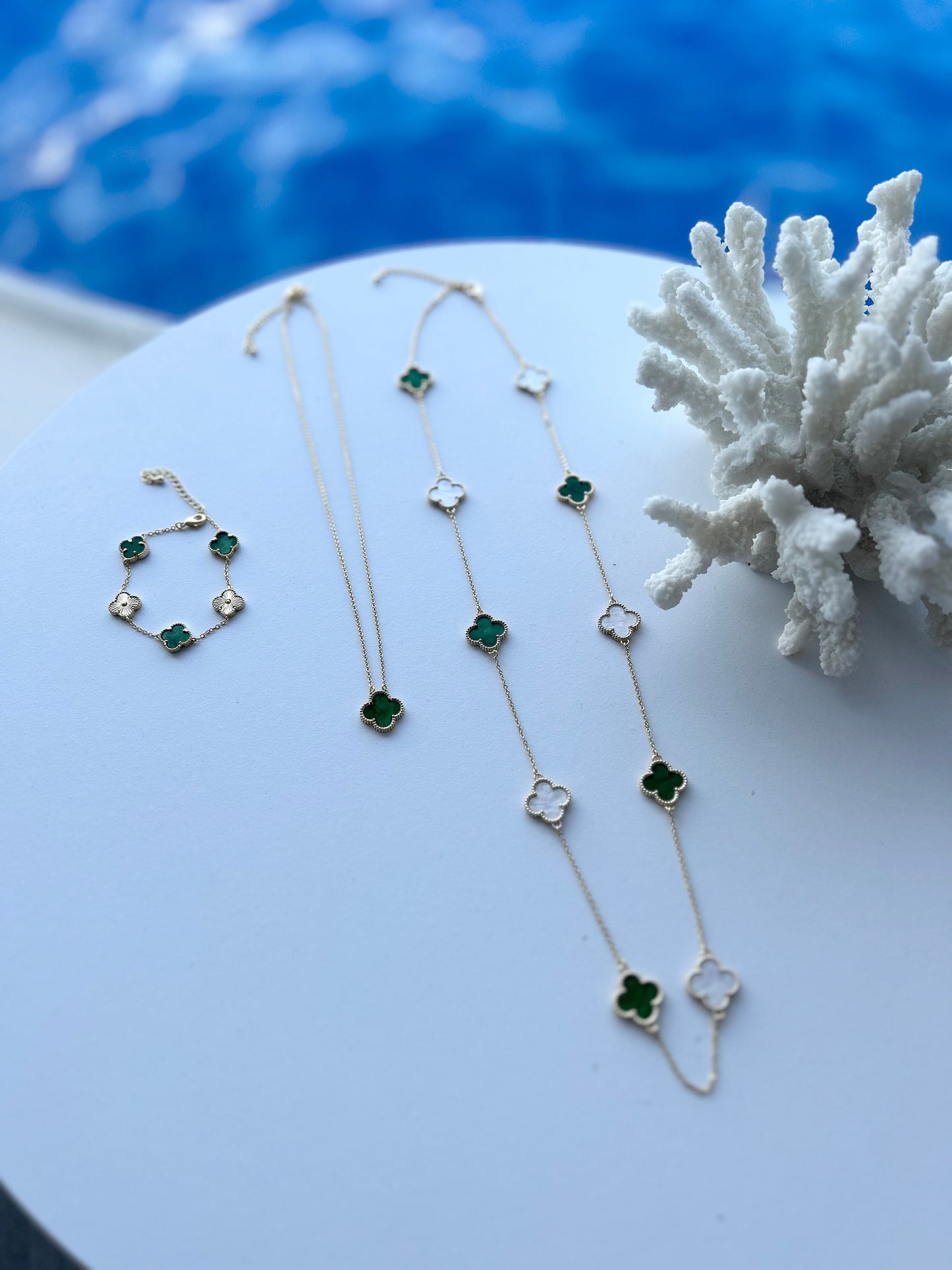 Long Clover Necklace | Green & Silver