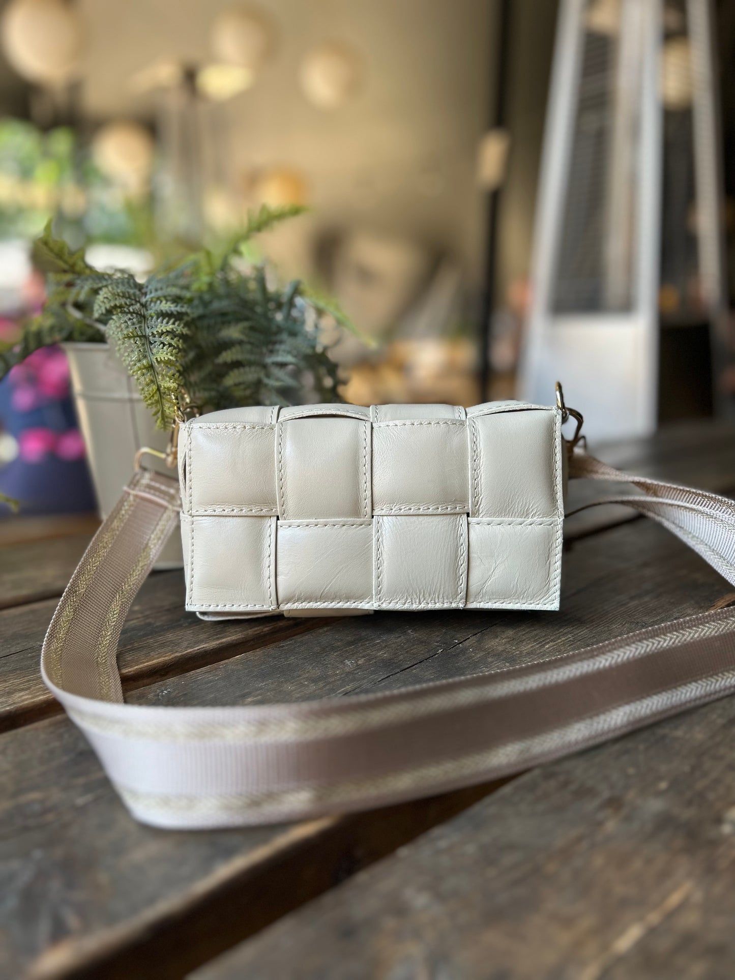 Verona Padded Woven Leather Bag | Cream
