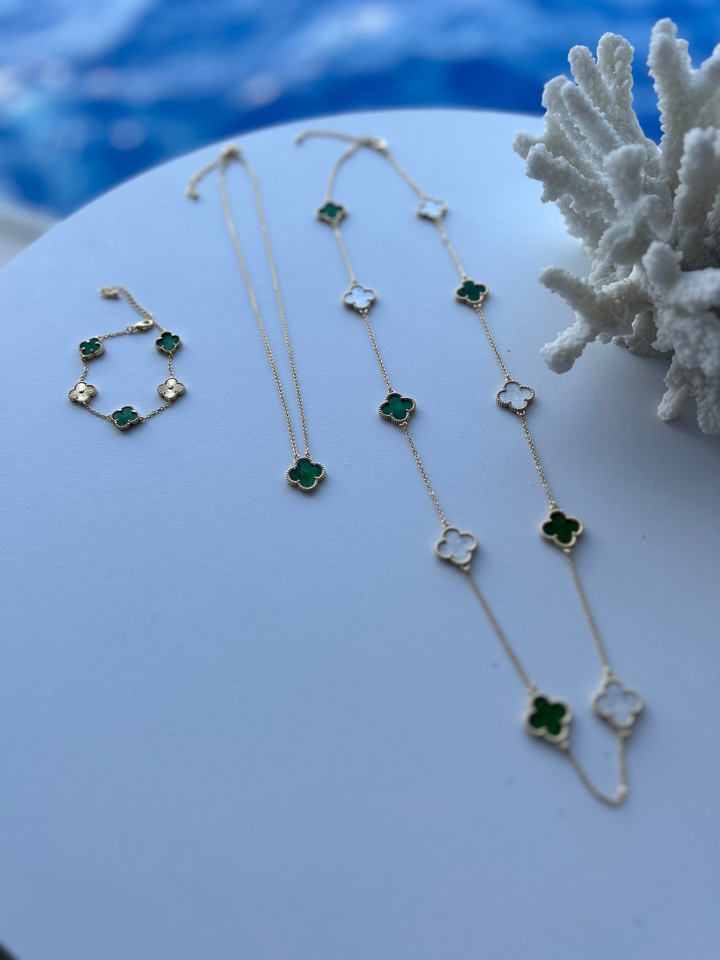 Long Clover Necklace | Green & Silver