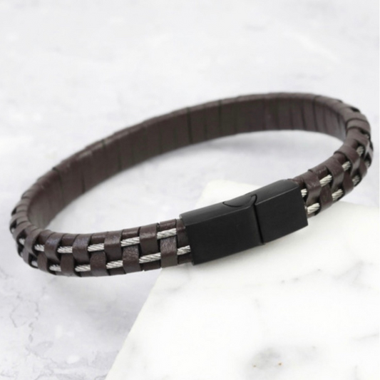 Men’s David Dark Brown Leather Clasp Bracelet, Large