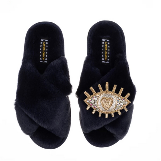 Slippers with Gold & Silver Eye | Navy Blue